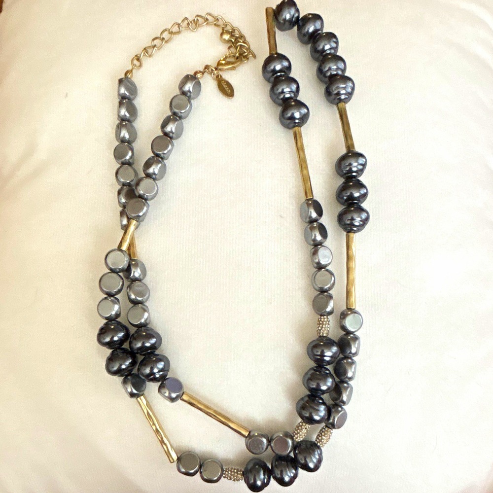Chicos Grey Faux Pearl Statement Necklace Gold Tone Bar Pave Rhinestone Accents